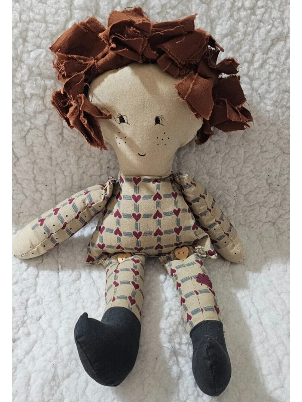 Handmade Girl Doll Plush Toy Hearts Wild Hair Buttons Moving Arms & Legs 12